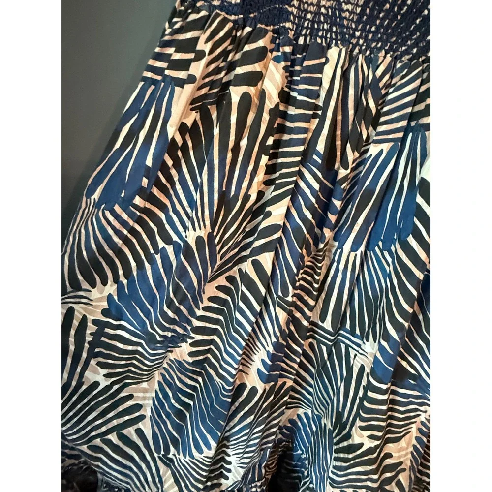 Cara Cara Blue Palm Print Smocked Midi Dress Ruffle Sleeve Cotton Medium - Picture 4 of 6